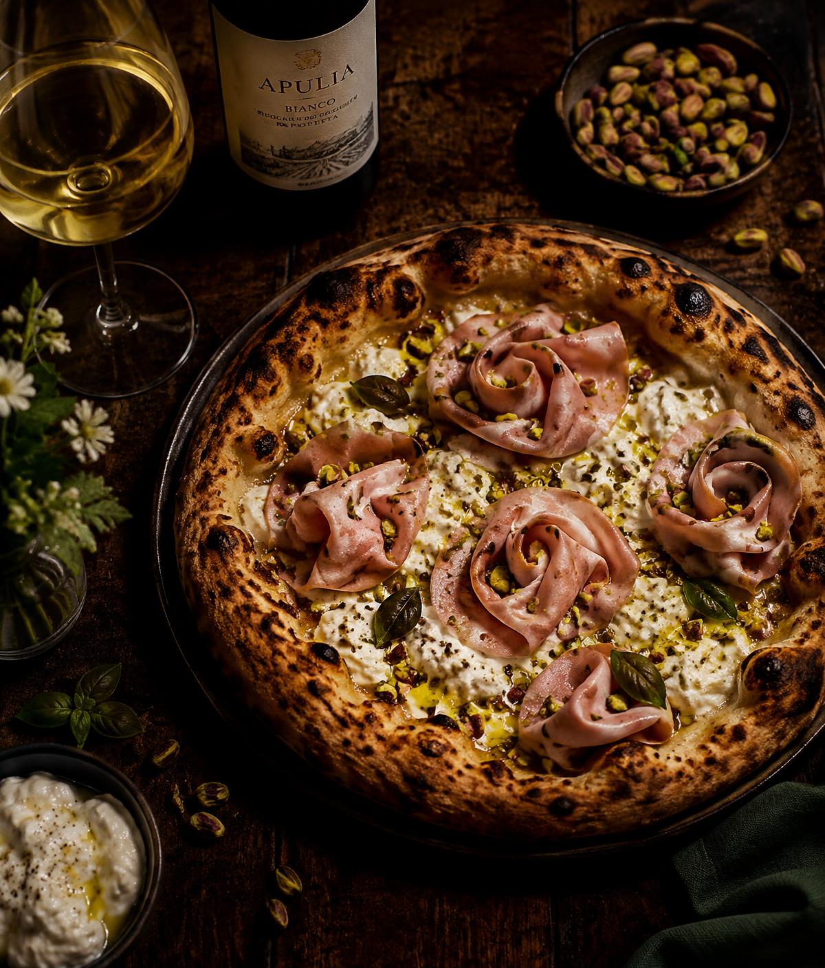 Pizza Pistacchiosa con mortadella e stracciatella